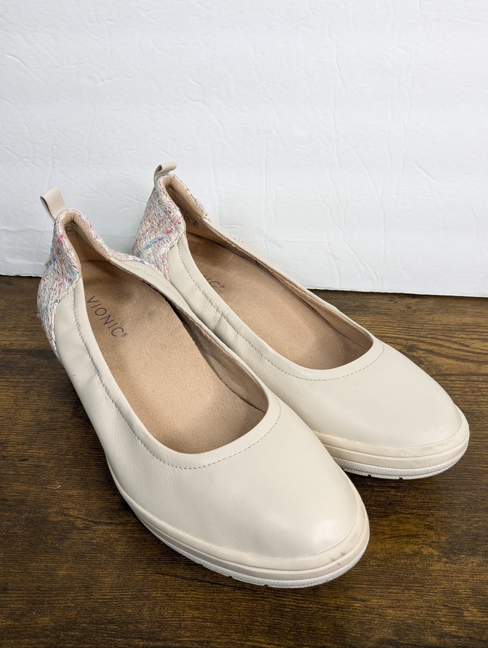 Vionic Jacey Wedge Pumps 8.5 Cream Leather Tweed Slip On Comfort Heels Shoes - Picture 6 of 11